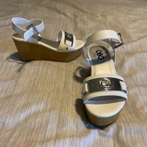 G by Guess white platform wedge sandals, size 5